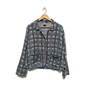 Ivy Vintage Women's Jacket Topper Blue Plaid Linen Chunky Wood Button Pocket L